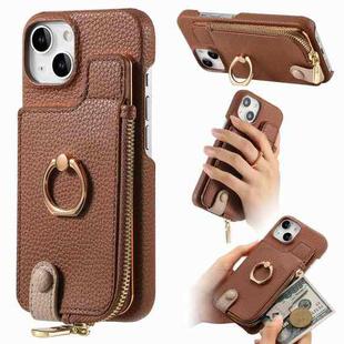 For iPhone 13 mini Litchi Leather Oil Edge Ring Zipper Wallet Back Phone Case(Brown)