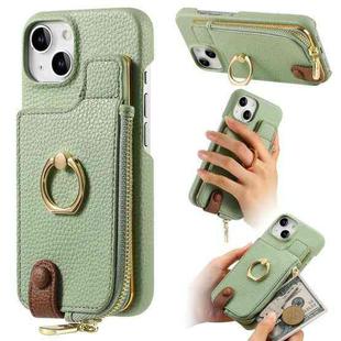 For iPhone 14 Plus Litchi Leather Oil Edge Ring Zipper Wallet Back Phone Case(Tea Green)