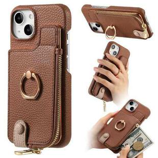 For iPhone 14 Litchi Leather Oil Edge Ring Zipper Wallet Back Phone Case(Brown)