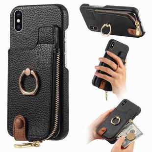 For iPhone XS Max Litchi Leather Oil Edge Ring Zipper Wallet Back Phone Case(Black)