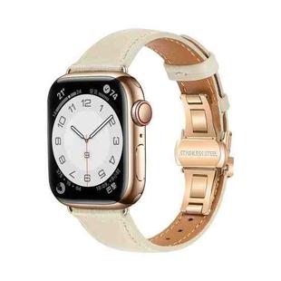 For Apple Watch Ultra 2 49mm Plain Leather Butterfly Buckle Watch Band(Beige+Rose Gold)