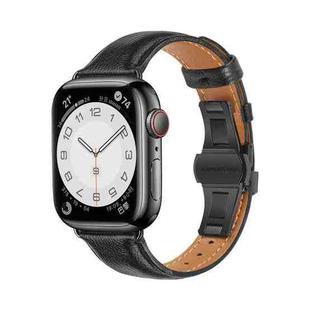 For Apple Watch Series 9 45mm Plain Leather Butterfly Buckle Watch Band(Black+Black)
