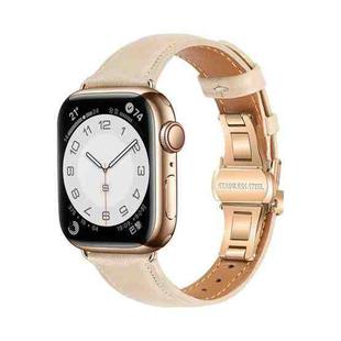 For Apple Watch Ultra 49mm Plain Leather Butterfly Buckle Watch Band(Apricot+Rose Gold)