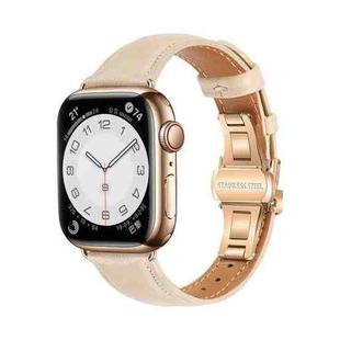 For Apple Watch Series 7 45mm Plain Leather Butterfly Buckle Watch Band(Apricot+Rose Gold)
