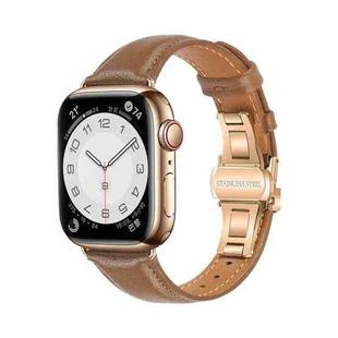 For Apple Watch Series 6 44mm Plain Leather Butterfly Buckle Watch Band(Dark Brown+Rose Gold)