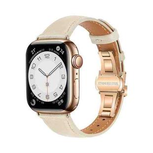 For Apple Watch Series 6 44mm Plain Leather Butterfly Buckle Watch Band(Beige+Rose Gold)