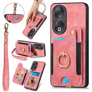 For Honor 90 Retro Skin-feel Ring Multi-card RFID Wallet Phone Case(Pink)