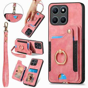 For Honor X6a Retro Skin-feel Ring Multi-card RFID Wallet Phone Case(Pink)