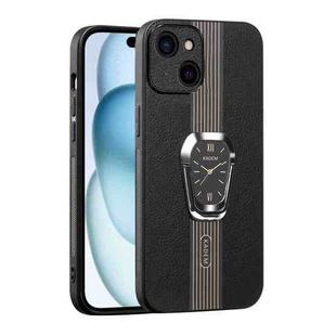 For iPhone 15 Plus Magnetic Litchi Leather Back Phone Case with Holder(Black)