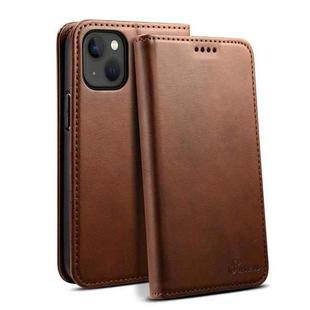 For iPhone 15 Suteni Calf Texture Horizontal Flip Leather Phone Case(Brown)