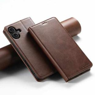 For iPhone 16 Suteni Calf Texture Horizontal Flip Leather Phone Case(Brown)