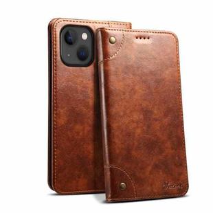 For iPhone 15 Plus Suteni Baroque Calf Texture Buckle Wallet Leather Phone Case(Khaki)