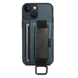 For iPhone 15 Suteni H13 Card Wallet Wrist Strap Holder PU Phone Case(Blue)