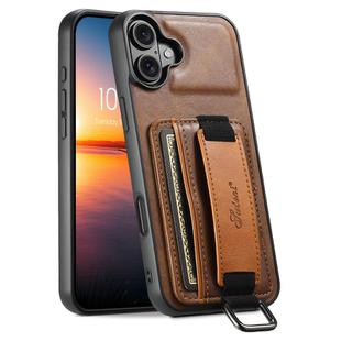 For iPhone 16 Suteni H13 Card Wallet Wrist Strap Holder PU Phone Case(Brown)