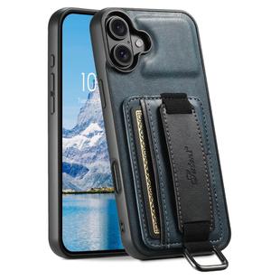 For iPhone 16 Plus Suteni H13 Card Wallet Wrist Strap Holder PU Phone Case(Blue)