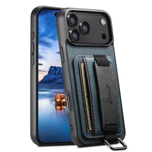 For iPhone 17 Pro Max Suteni H13 Card Wallet Wrist Strap Holder PU Phone Case(Blue)