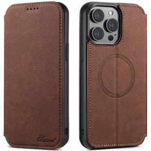 For iPhone 15 Pro Suteni J06 Retro Matte Litchi Texture Leather Magnetic Magsafe Phone Case(Brown)