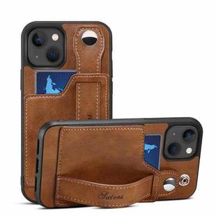 For iPhone 15 SUTENI H12 Wrist Strap Leather Back Phone Case with Card Slot(Brown)