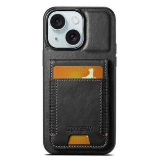 For iPhone 15 Plus Suteni H03 Oil Wax Leather Wallet Stand Back Phone Case(Black)