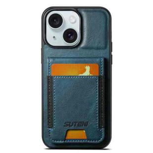 For iPhone 15 Suteni H03 Oil Wax Leather Wallet Stand Back Phone Case(Blue)