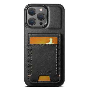 For iPhone 13 Pro Max Suteni H03 Oil Wax Leather Wallet Stand Back Phone Case(Black)