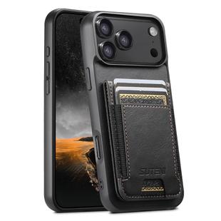 For iPhone 17 Pro Max Suteni H03 Oil Wax Leather Wallet Stand Back Phone Case(Black)