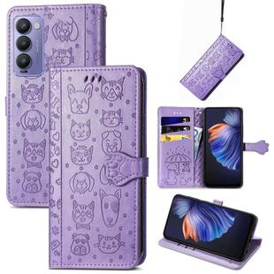 For Tecno Camon 18P Cat and Dog Embossed Leather Phone Case(Purple)