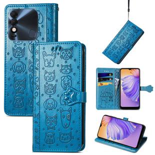 For Tecno Spark 8 Cat and Dog Embossed Leather Phone Case(Blue)