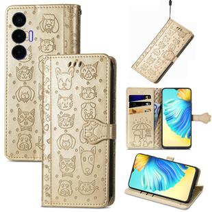For Tecno Spark 8P Cat and Dog Embossed Leather Phone Case(Gold)
