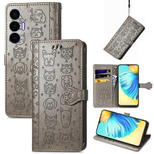 For Tecno Spark 8P Cat and Dog Embossed Leather Phone Case(Gray)