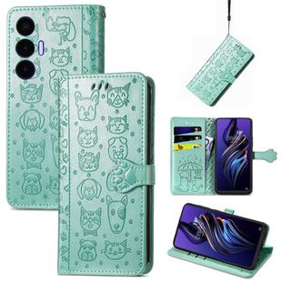 For Tecno Pova 3 Cat and Dog Embossed Leather Phone Case(Green)