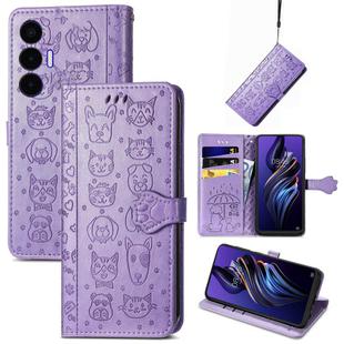 For Tecno Pova 3 Cat and Dog Embossed Leather Phone Case(Purple)