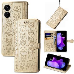 For Tecno Spark 9T Cat and Dog Embossed Leather Phone Case(Gold)