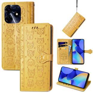 For Tecno Spark 10 Cat and Dog Embossed Leather Phone Case(Yellow)