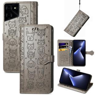 For Tecno Pova 5 Pro Cat and Dog Embossed Leather Phone Case(Gray)