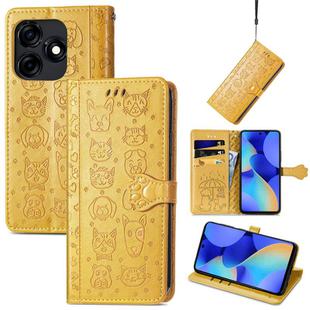 For Tecno Spark 20 Cat and Dog Embossed Leather Phone Case(Yellow)