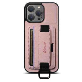 For iPhone 14 Suteni H13 Litchi Leather Wrist Strap Wallet Back Phone Case(Pink)