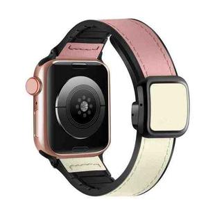 For Apple Watch SE 2023 40mm Fold Magnetic Square Buckle PU Silicone Watch Band(Pink White)