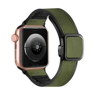 For Apple Watch Series 9 41mm Fold Magnetic Square Buckle PU Silicone Watch Band(Dark Green)