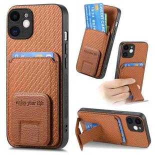 For iPhone 11 Carbon Fiber Card Bag Fold Stand Phone Case(Brown)