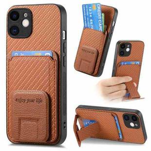 For iPhone 12 Carbon Fiber Card Bag Fold Stand Phone Case(Brown)
