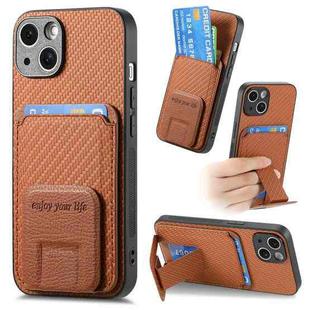 For iPhone 14 Plus Carbon Fiber Card Bag Fold Stand Phone Case(Brown)