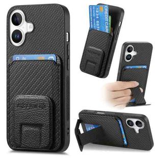 For iPhone 16 Carbon Fiber Card Bag Fold Stand Phone Case(Black)