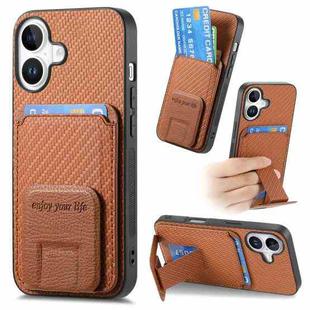 For iPhone 16 Carbon Fiber Card Bag Fold Stand Phone Case(Brown)