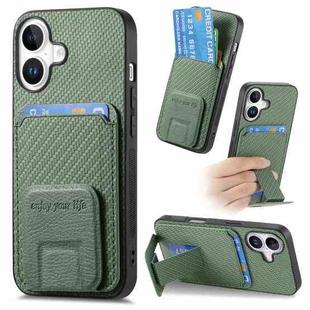 For iPhone 16 Carbon Fiber Card Bag Fold Stand Phone Case(Green)