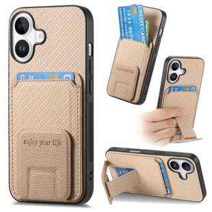 For iPhone 17 Carbon Fiber Card Bag Fold Stand Phone Case(Khaki)