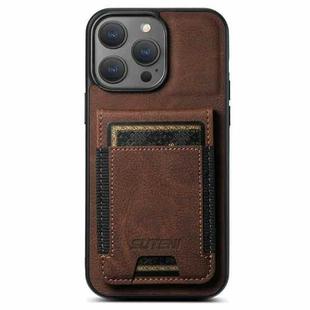 For iPhone 15 Pro Suteni H03 Litchi Leather Card Bag Stand Back Phone Case(Brown)