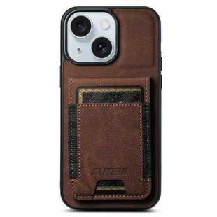 For iPhone 15 Suteni H03 Litchi Leather Card Bag Stand Back Phone Case(Brown)