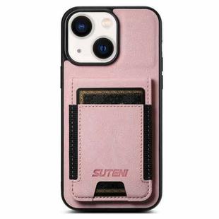 For iPhone 14 Suteni H03 Litchi Leather Card Bag Stand Back Phone Case(Pink)