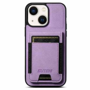 For iPhone 13 Suteni H03 Litchi Leather Card Bag Stand Back Phone Case(Purple)